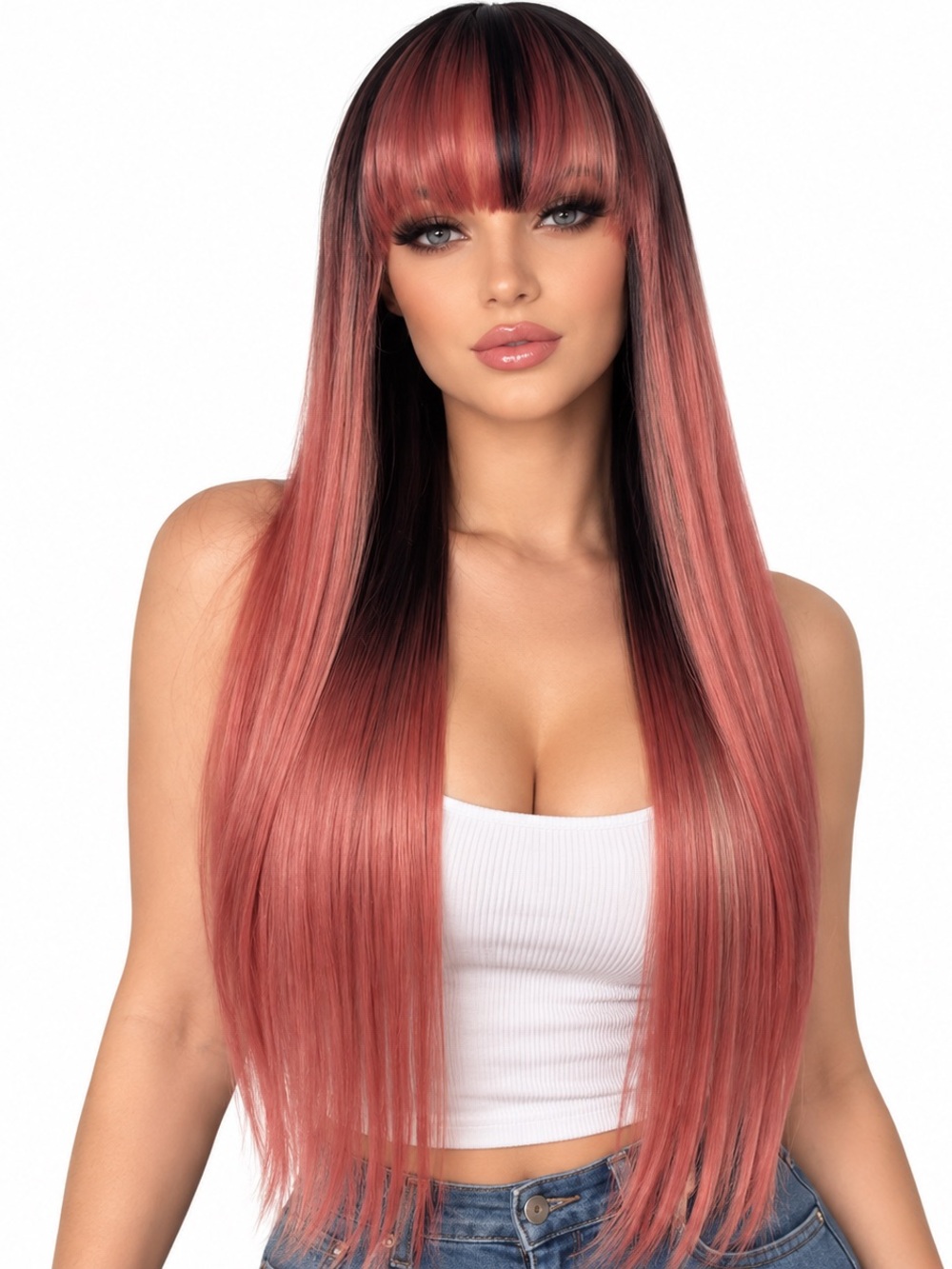 Long Straight Fringe  bangs Wig in Rose Pink with Black Roots 26 inches long